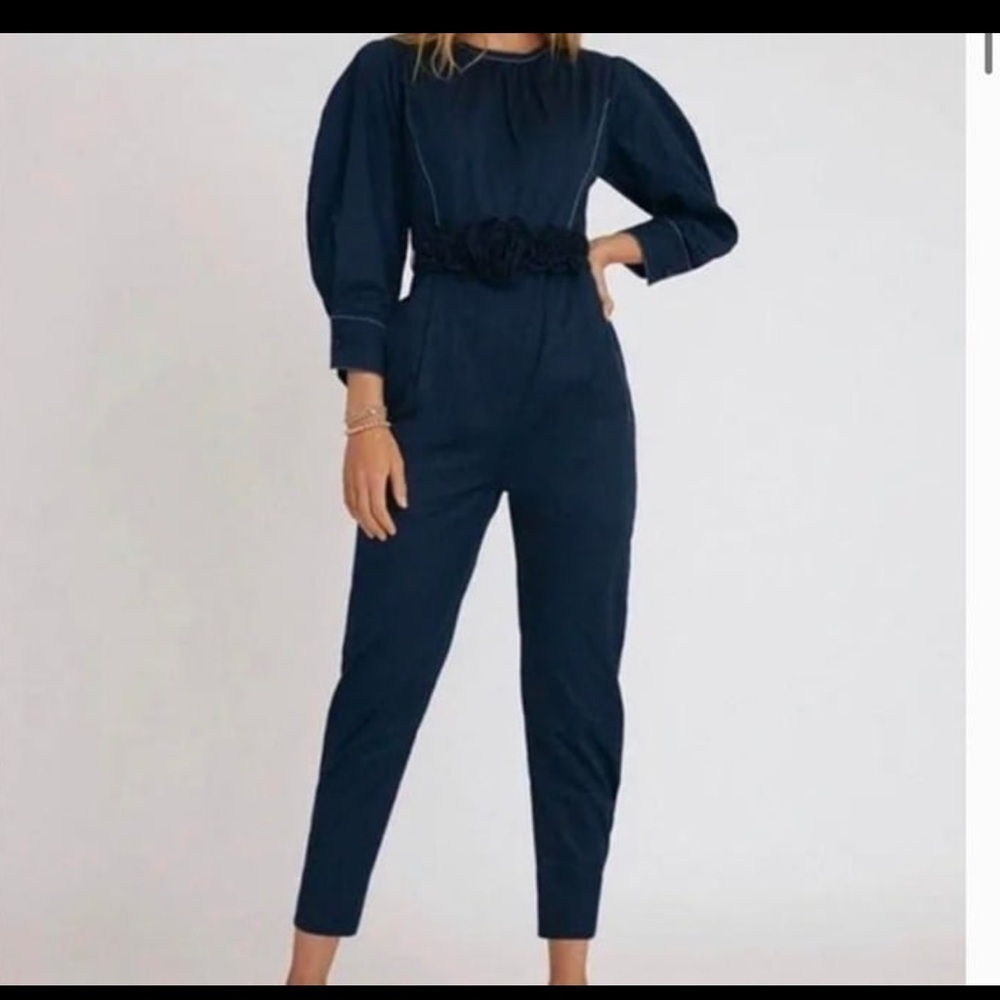 Somethingโ Navy Caroline jumpsuit flower ruffle belt Navy Blue Sz 00